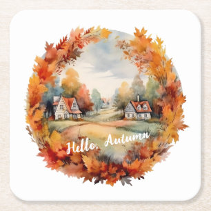 Herbst Herbst Boho Wasserfarbe Pumpkin Hütte Rechteckiger Pappuntersetzer