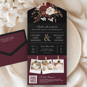 Herbst Herbst Burgundy Floral QR Code Black Weddin All In One Einladung