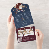 Herbst Herbst Burgundy Floral QR Code Navy Hochzei All In One Einladung (Abreißen)