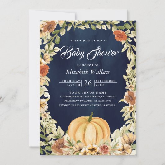 Herbst Herbst Erthy Floral Pumpkin Navy Baby Dusch Einladung (Vorderseite)