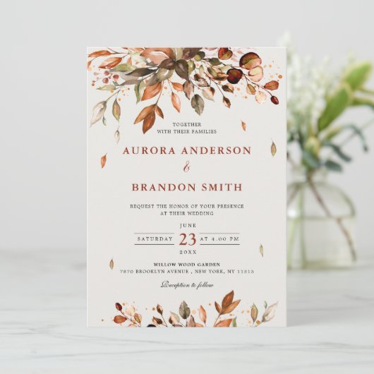 Herbst Herbst lässt rustikales Boho Hochzeit in Einladung (Stehend Vorderseite)