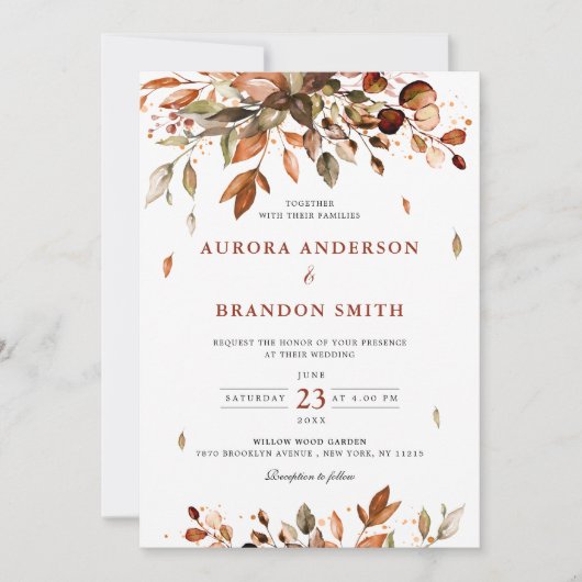 Herbst Herbst lässt rustikales Boho Hochzeit in Einladung (Vorderseite)