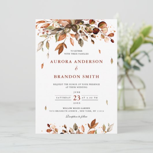 Herbst Herbst lässt rustikales Boho Hochzeit in Einladung (Stehend Vorderseite)