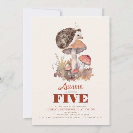 Herbst/Herbst Mushroom Igel Kindergeburtstag Einladung (Vorderseite)