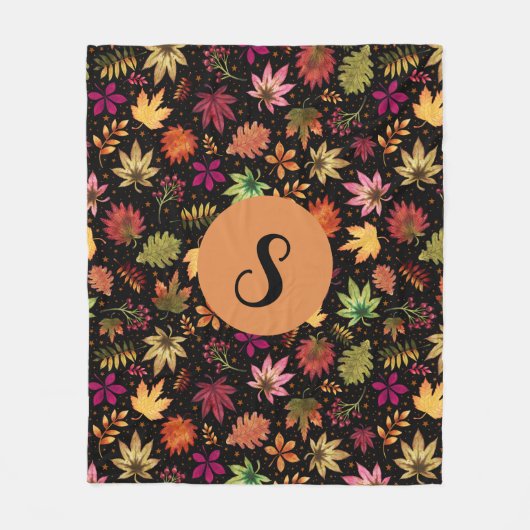 Herbst Herbst Verlassen Muster auf Schwarz mit Mon Fleecedecke (Vorderseite)