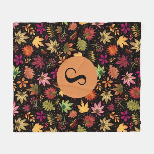 Herbst Herbst Verlassen Muster auf Schwarz mit Mon Fleecedecke (Vorderseite (Horizontal))