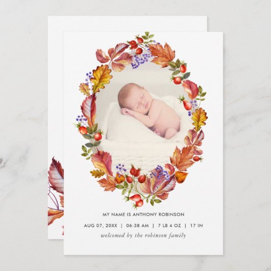 Herbst - Herbst Wasserfarbe Blätter Geburtsankündi Ankündigung (Vorne/Hinten)