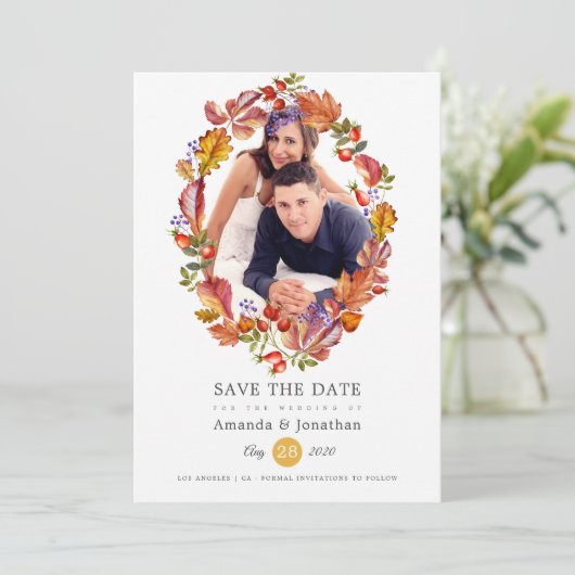 Herbst - Herbst-Wasserfarben-Blätter Foto Hochzeit Save The Date (Stehend Vorderseite)
