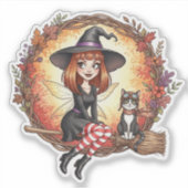 Herbst Hexe mit schwarzer Katze Aufkleber (Vorderseite)