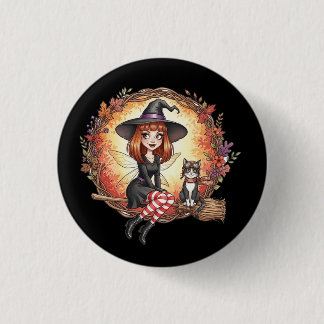 Herbst Hexe mit schwarzer Katze Button