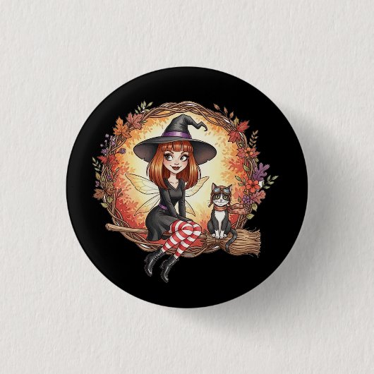 Herbst Hexe mit schwarzer Katze Button (Vorderseite)