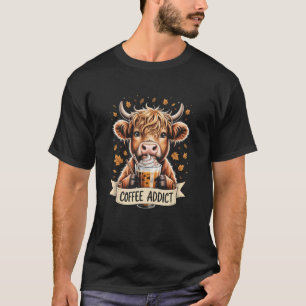 Herbst Highland Kuh Kaffee Süchtig Lustig Trinken T-Shirt