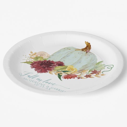 Herbst Hochzeit Aqua Blue Pumpkin Floral Pappteller (Schrägansicht)
