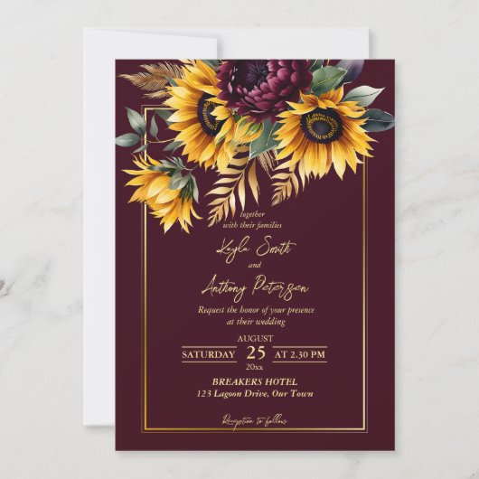 Herbst Hochzeit burgundische Sonnenblumen Einladung (Vorderseite)