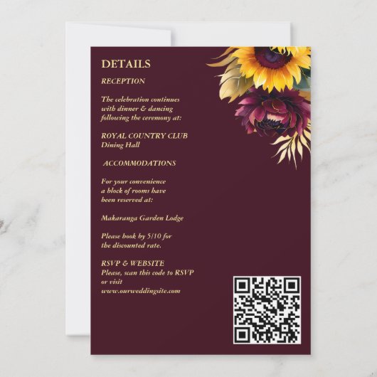 Herbst Hochzeit burgundische Sonnenblumen in einem Einladung (Rückseite)
