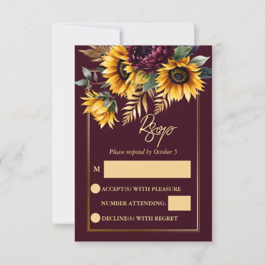 Herbst Hochzeit burgundische Sonnenblumen RSVP Karte (Vorderseite)