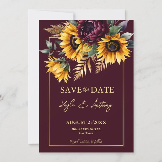 Herbst Hochzeit burgundische Sonnenblumen Save The Date (Vorderseite)