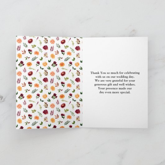 Herbst-Hochzeit in Burgund und Orange Dankeskarte (Innenseite)