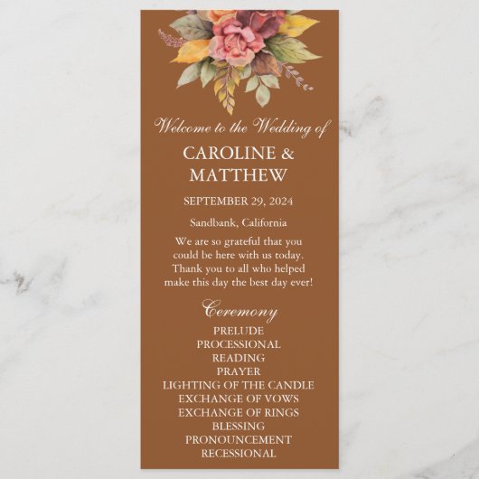 Herbst Hochzeitsfeier Terracotta Programm (Vorderseite)