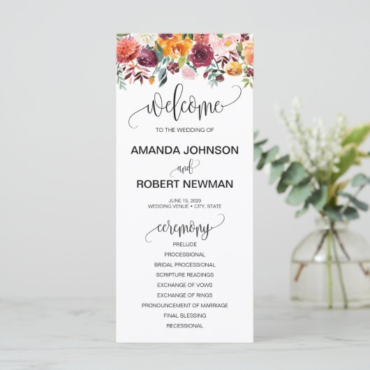 Herbst-Hochzeitsprogramm für Burgund Orange Programm (Stehend Vorderseite)