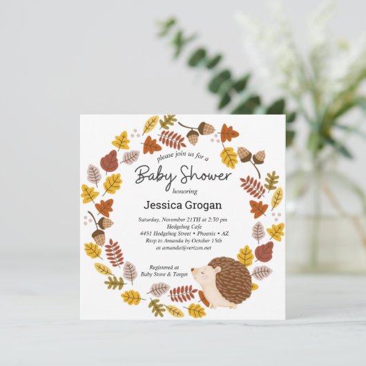 Herbst Igel Kinderdusche Einladung (Stehend Vorderseite)