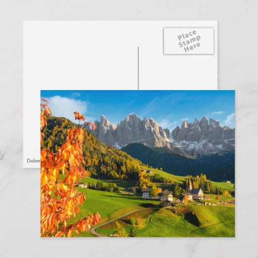 Herbst in der Dolomiten-Landschaft mit Kirche Postkarte (Vorne/Hinten)