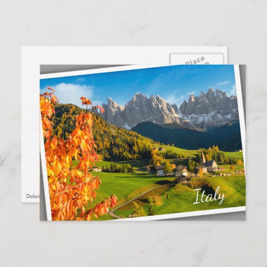 Herbst in der Dolomiten-Landschaft mit Kirche Postkarte (Vorne/Hinten)