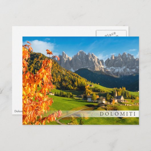 Herbst in der Dolomiten-Landschaft mit Kirche Postkarte (Vorne/Hinten)
