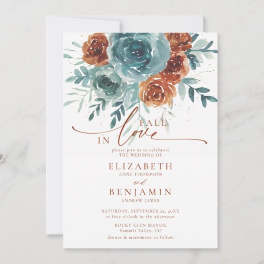 Herbst in der Liebe Aquamarin Terracotta Boho Blum Einladung (Vorderseite)