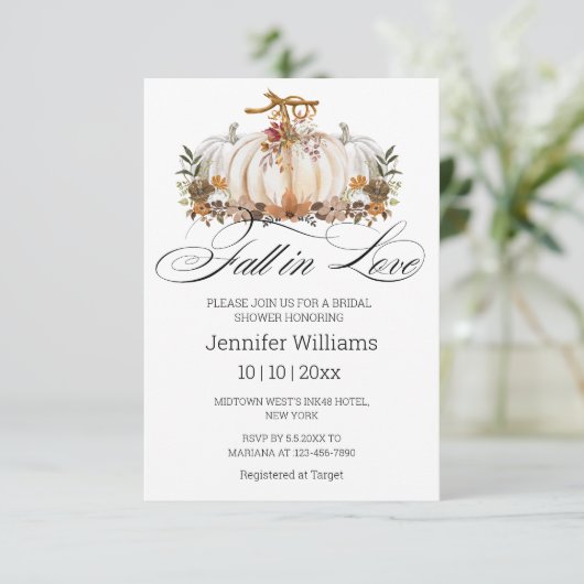 Herbst in der Liebe, Blumenkürbis Brautparty Einladung (Stehend Vorderseite)