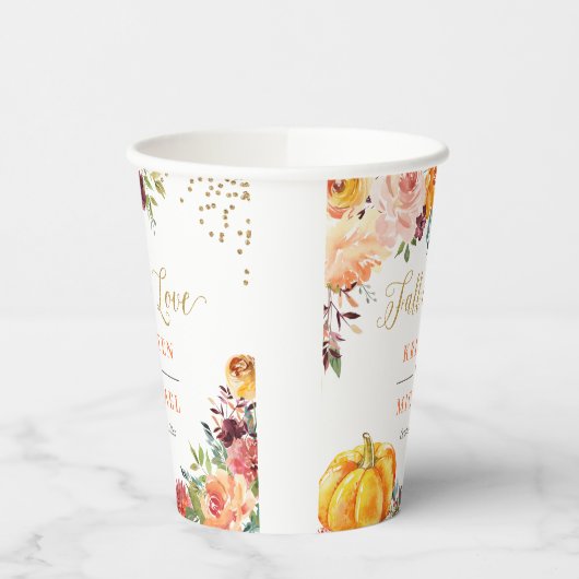 Herbst in der Liebe Goldene Herbstkürbis Pappbecher (Links)