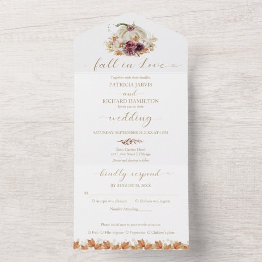 Herbst in der Liebe Pumpkin Hochzeit All In One Einladung (Innen Boden)