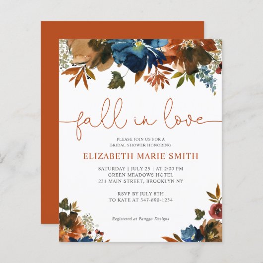 Herbst in Liebe Blauer Blumenbraun Einladung (Vorne/Hinten)