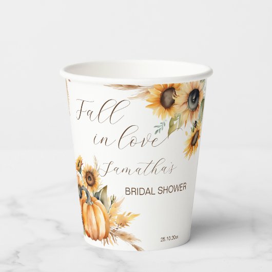 Herbst in Liebe Boho Kürbis Sonnenblumengeschirr Pappbecher (Rückseite)