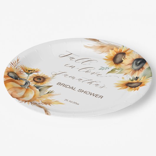 Herbst in Liebe Boho Kürbis Sonnenblumengeschirr Pappteller (Schrägansicht)