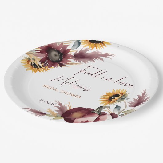 Herbst in Liebe boho Kürbissonnenblumenöl Brautpar Pappteller (Schrägansicht)