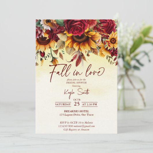 Herbst in Liebe burgundy Rose Sonnenblumen Braut Einladung (Stehend Vorderseite)