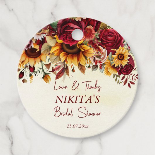 Herbst in Liebe burgundy Rose Sonnenblumen danke I Geschenkanhänger (Vorderseite)