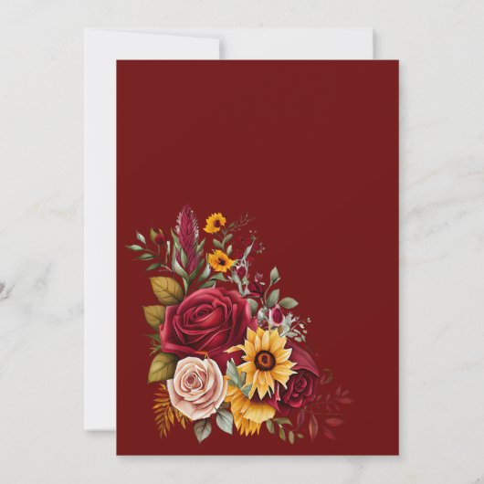 Herbst in Liebe burgundy Rose Sonnenblumen Hochzei Einladung (Rückseite)