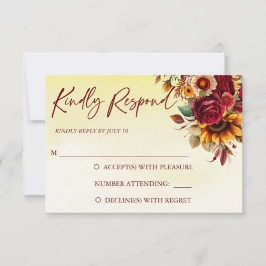 Herbst in Liebe burgundy Rose Sonnenblumen Hochzei RSVP Karte (Vorderseite)