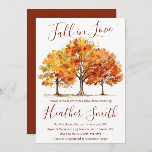 Herbst in Liebe, Eiche, Ahornbäume, Herbstdusche Einladung (Vorne/Hinten)