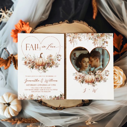 Herbst in Liebe Floral Pumpkin Hear Foto Hochzeit Einladung