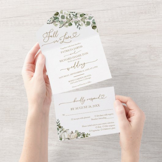 Herbst in Liebe Greenery Pumpkin Wedding All In One Einladung (Abreißen)