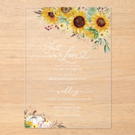 Herbst in Liebe Grünpflanzen Sonnenblumen Hochzeit Acryleinladungen (Vorderseite)