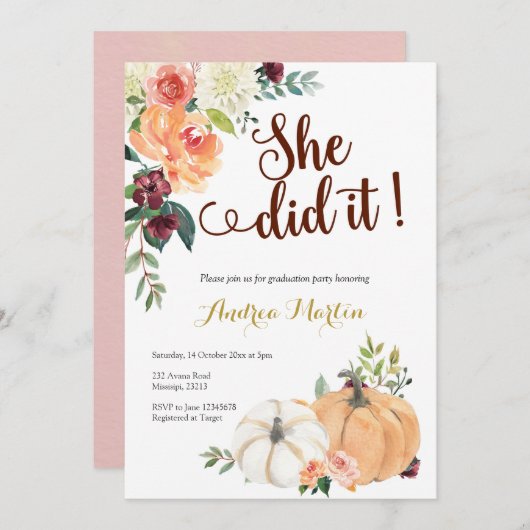 Herbst in Liebe Kürbis Abschlussfeier Einladung (Vorne/Hinten)