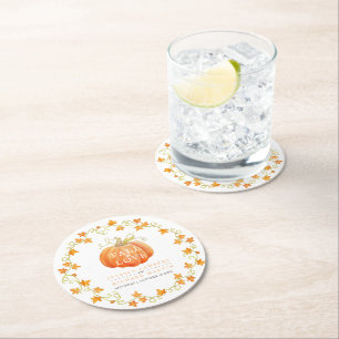 Herbst in Liebe Kürbis Aquarell Hochzeit Orange Runder Pappuntersetzer