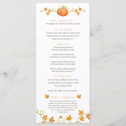 Herbst in Liebe Kürbis Aquarell Hochzeitsmenü Menükarte (Rückseite)