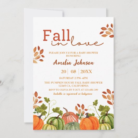Herbst in Liebe Kürbis Blumenfall Baby Dusche Einladung (Vorderseite)