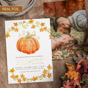 Herbst in Liebe Kürbis und Blätter Aquarellhochzei Folieneinladung