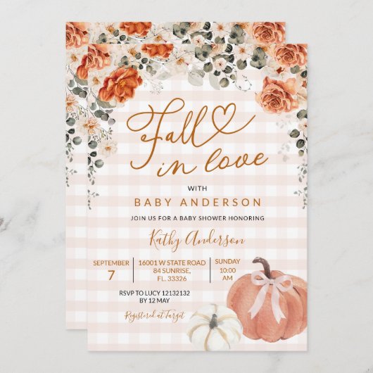 Herbst in Liebe Orange Gingham Pumpkin Baby Shower Einladung (Vorne/Hinten)